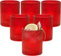 14 oz Ribbed Drinking Glasses Set of 6, High Clear Vintage Iced Coffee Cups Elegant Glassware, Highball Glass Cups Ridged Glass Tumbler for Cocktail, Whiskey, Beer, Water, Juice, Origami Style Red