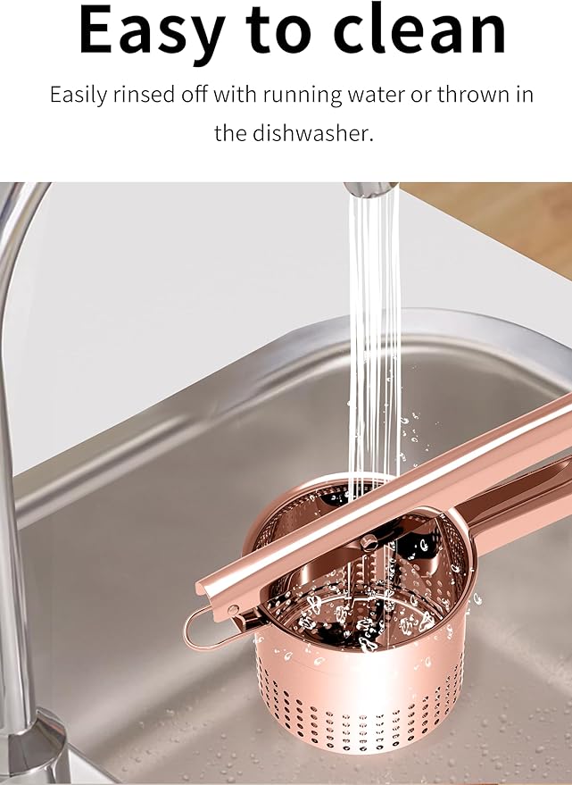 GloTika Large 15oz Potato Ricer Masher, Heavy Duty Stainless Steel Potato Masher with Ergonomic Handle, Masher and Ricer Kitchen Tool for Mashed Potatoes, Noodle Maker, Rose Gold