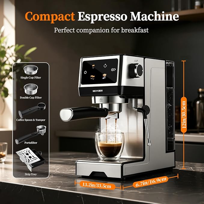 20Bar Espresso Machine with Poweful Milk Frother Rapid Cold Brew, Easy to Use Compact Espresso Maker, Fast Heat 1350W Barista-Quality Home Cappuccino Latte Machine,45oz Water Tank, Silver