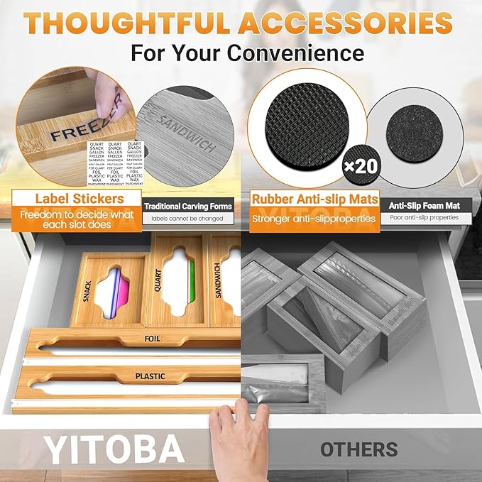 6 In 1 Bag Storage Organizer with Foil and Plastic Wrap Organizer, Extended Aluminum Foil Dispenser, Bamboo Baggie Organizer for Drawer, Sandwich Bag Organizer for Gallon, Quart, Snack