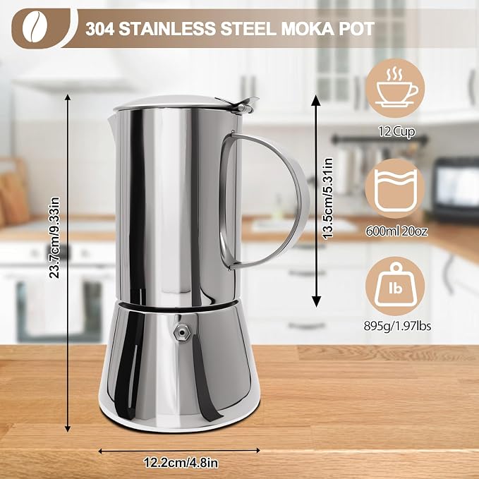 304 Thickened Stainless Steel Uncoated 12 Cup Moka Pot Coffee Maker Stovetop Espresso Coffeemaker Italian Classic Brewing Greca Cafe Mocha Machine for Cafeteras Camping Travel Home 600ml 20oz