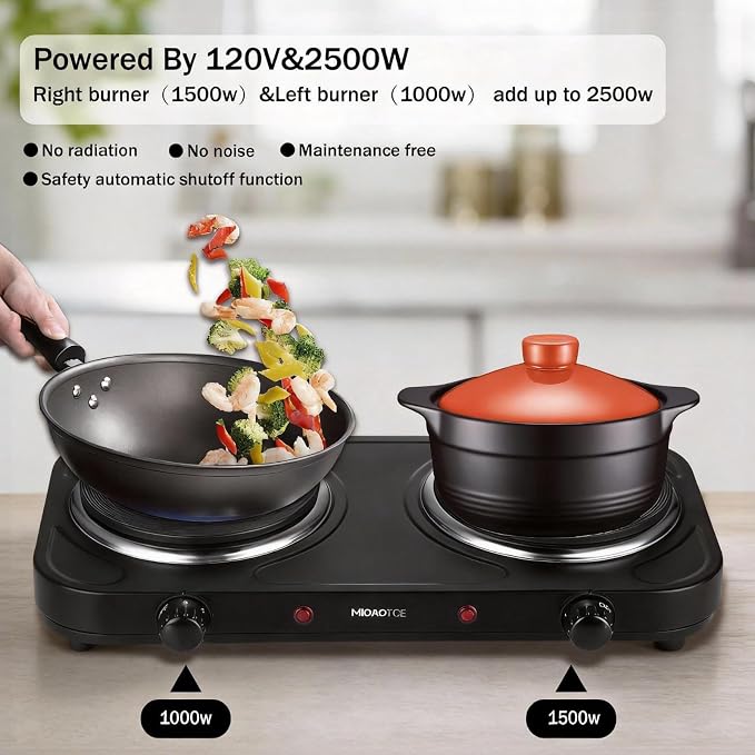 Countertop Double Cast Iron Burner 1800 Watts Electric Hot Plate with Adjustable Temperature 6.1" Cooktop for Dorm, Office, Home, Camp, Compatible for All Cookwares