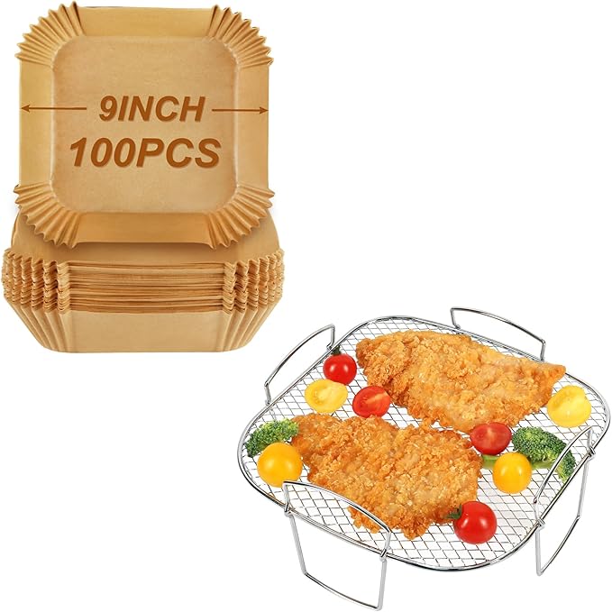 100PCS 9in Square Air Fryer Liners & Square Air Fryer Rack, Air Fryer Parchment Paper for Ninja AG301 Grill, Ninja AF141 Pro 4-in-1 & More, Ninja Foodi Grill Accessories