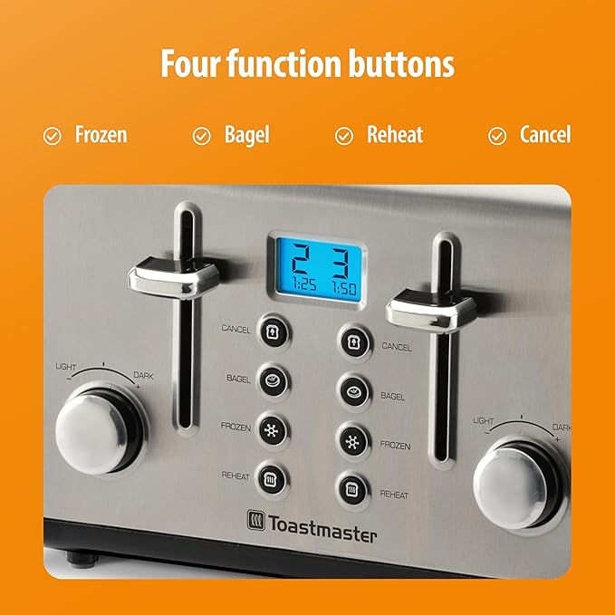 Toastmaster 4-Slice Digital Toaster - Stainless Steel with Reheat, Frozen, Bagel & Cancel Buttons - Kitchen Essential for Toasting Sandwich Bread - Four-Slot Toaster with Digital Display