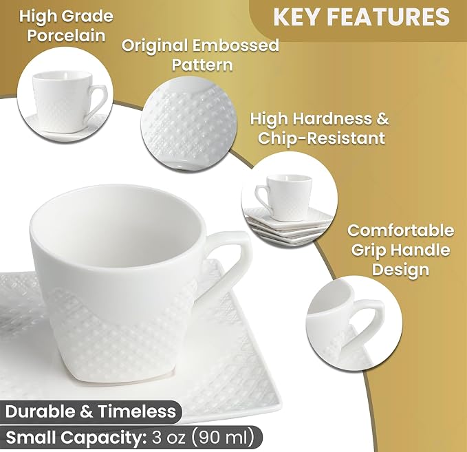 FUOCCI Espresso Cups With Saucer - 3 oz (90 ml) Turkish Coffee Cup, Small Modern Embossed Porcelain for Expresso, Cuban & Arabic Coffee, Elegant White (Set of 6)