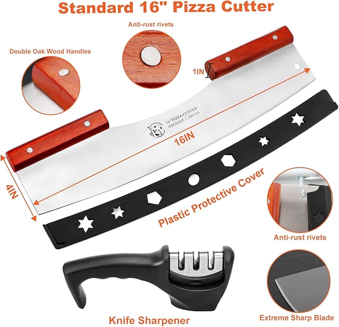 AILUROPODA Pizza Cutter Rocker with Knife Sharpener & Protective Cover 16" Large Pizza Rocker Cutter Sharp Pizza Slicer 30Cr13 Stainless Steel Pizza Knife (Silver)