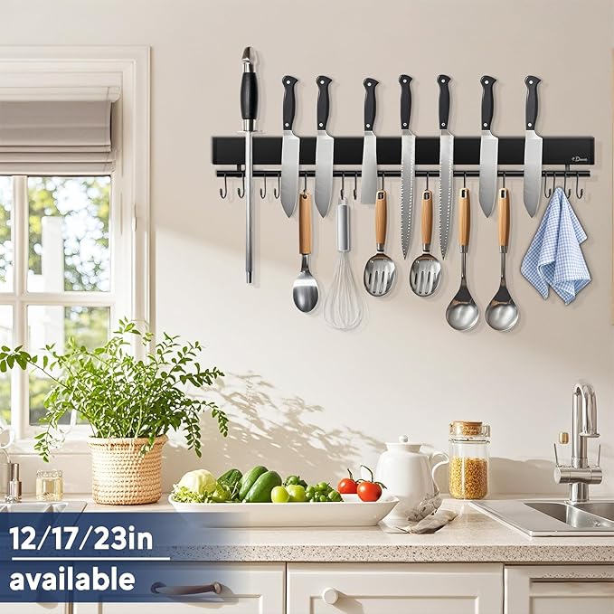 Dmore magnetic knife holder for wall—with 15 hooks, No Drilling 23 Inch black knife magnetic strip, Extra Strong Magnet knife rack, include Adhesive Tape and screws for Knives and Tools