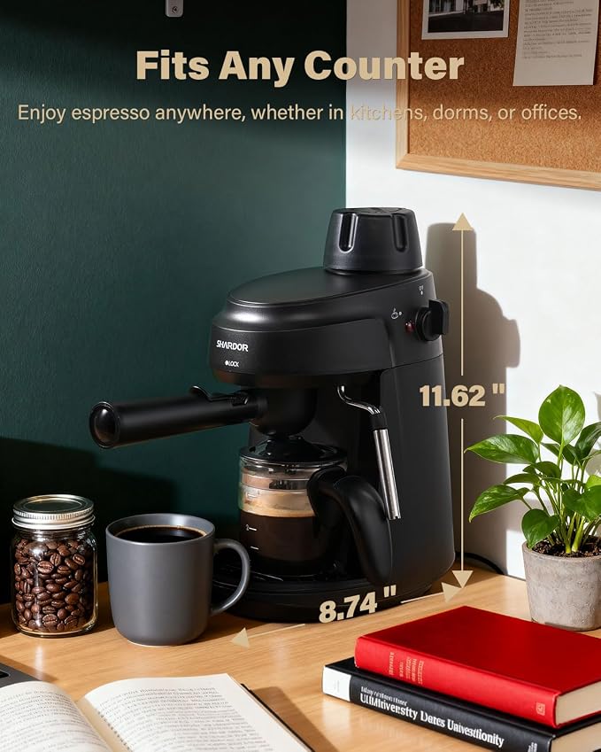 SHARDOR 3.5 Bar Espresso Machine, Compact Expresso Coffee Machines for Home, 4-Cup Espresso Maker with Milk Frother for Cappuccino & Latte, Fast Heating System, Easy-to-Use, 800W, Black