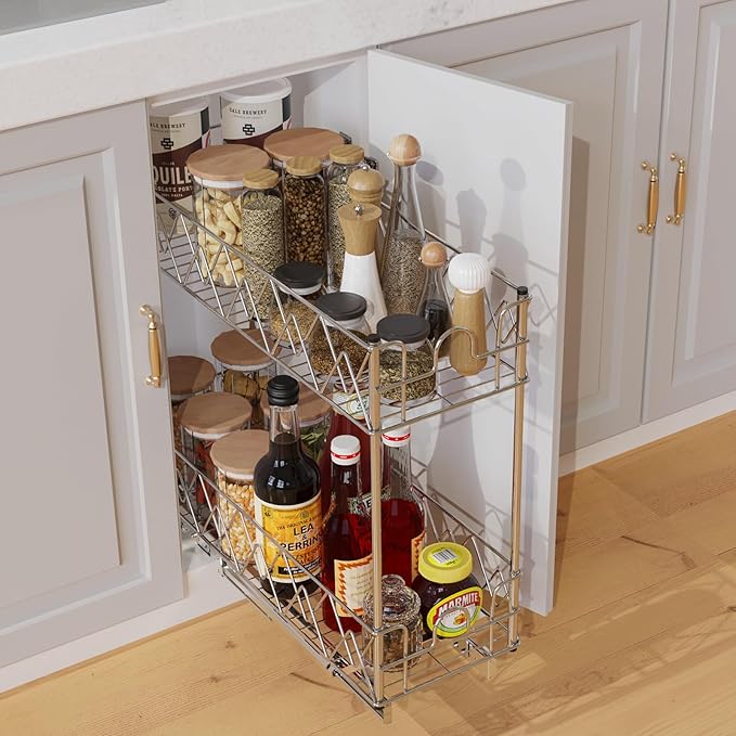Narrow Pull Out Cabinet Organizer - 7" W x 21" D, 2-Tier Kitchen Cabinet Drawer Slide Out Shelves, Chrome