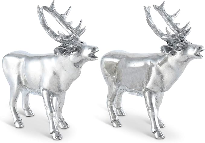 Vagabond House Pewter Deer/Elk Salt and Pepper Shakers Set Artisan Designer Handcrafted for Cabin Lodge Mountain Décor 4.5 inch Tall