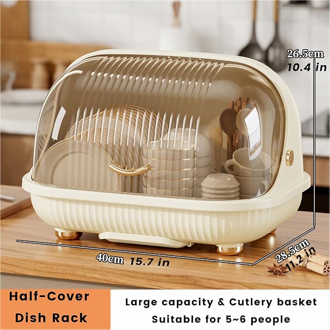 Dish Rack, Dish Drying Rack with Cover Lid and Removable Drainboard, Drying Rack Over Sink Drainer Draining Rack with Drip Tray, Large