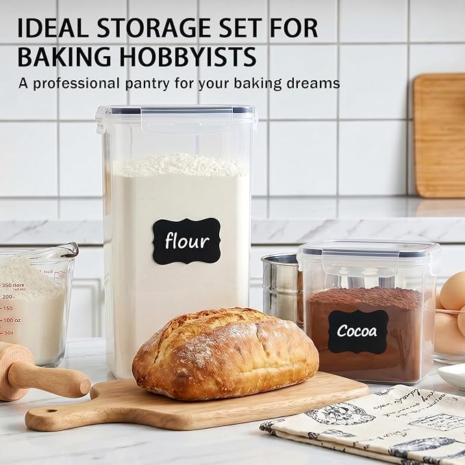 7 PCS Airtight Food Storage Containers with Lids, BPA Free Clear Plastic Kitchen and Pantry Organization and Storage Set for Flour, Sugar, Cereal, Pasta, Includes 7 Labels and Marker