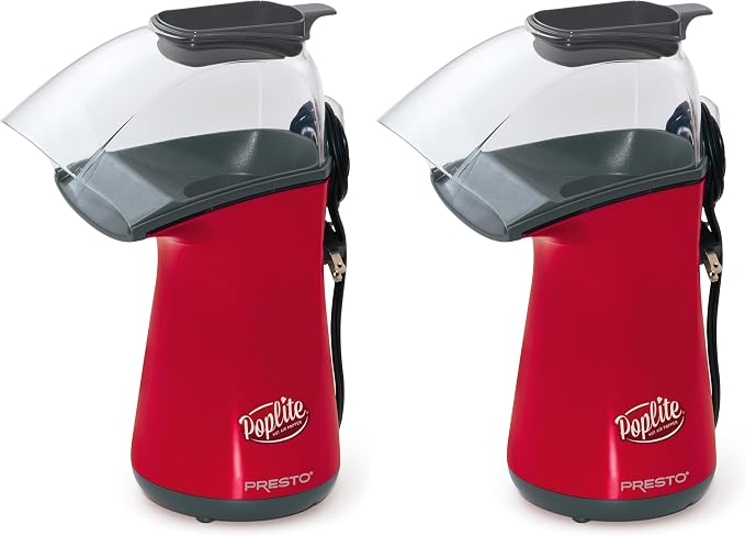 Presto 04863 Poplite Hot Air Popcorn Popper - Built-In Measuring Cup + Melts Butter,Easy to Clean,Built-In Cord Wrap,18 Cups,Red,(Pack of 2)