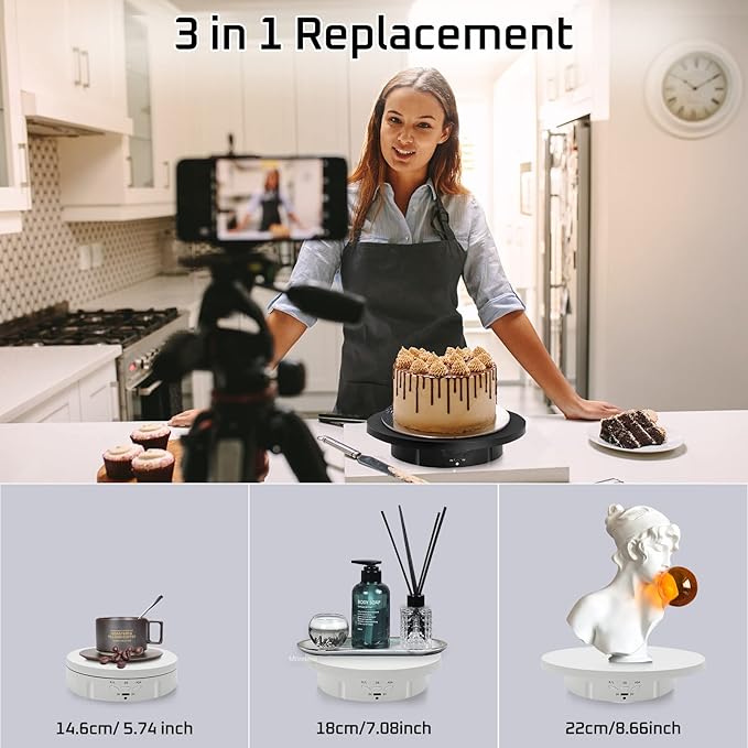 JAYEGT 3in 1 Motorized Rotating Display Stand with 5.74 /7.08/ 8.66 inch Replacement Cover，Max 22lbs Load , 360 Electronic Turntable for Photography Products (3 in1 / White/ With Remote controller)