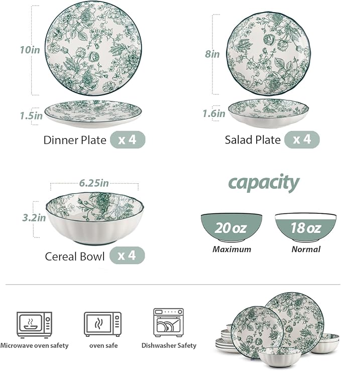 12-Piece Dinnerware Set Service 4, Porcelain Plates and Bowls Set, Vintage Green Rose Scalloped Edge, French Country Aesthetic, Microwave Dishwasher Safe