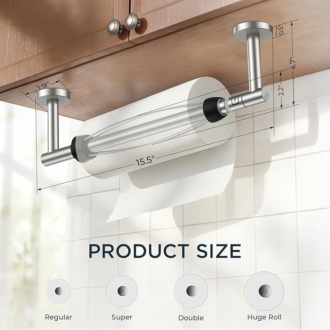 FORIOUS Paper Towel Holder Under Cabinet, SUS304 Wall Mounted Commercial Paper Towel Holder, One-Handed Tear Hanging Paper Roll Holder with Ratchet Mechanism for Kitchen Bathroom (Brushed Nickel)