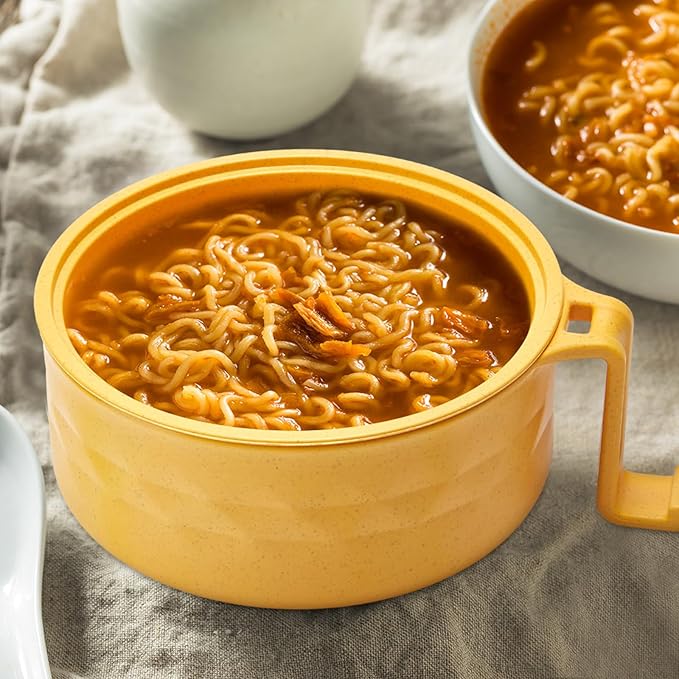 2 Sets Microwave Ramen Bowl 40 oz Wheat Fiber Portable Instant Noodle Cooker Bowl with Handles Strainer Spoon Chopstick Fork College Dorm Room Apartment Essentials(Yellow,Orange)