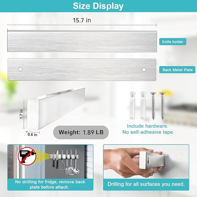 Magnetic Knife Holder for Wall 16 Inch Knife Magnetic Strip Refrigerator, 17 Inch Magnetic Knife Holder with 4 Hooks, Dual Rod Strong Magnet Knife Bar for Partry Garage Tool Rack