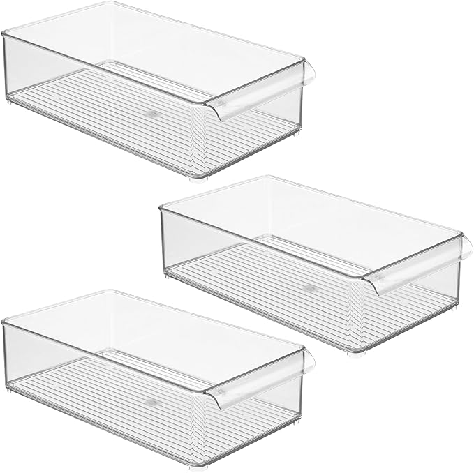 iDesign Large Stackable Fridge or Freezer Bin with Front Handle - Set of 3 - Clear - Made in USA