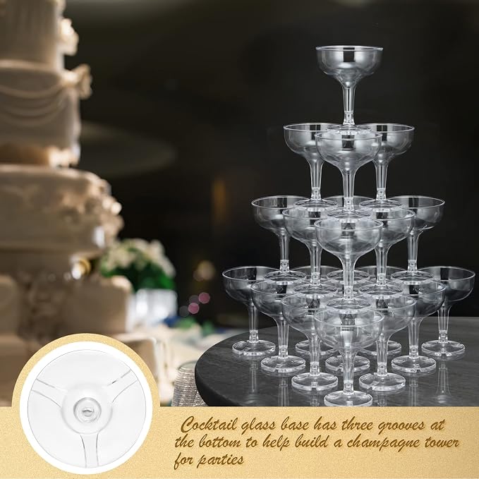 Potchen 100 Pcs Plastic Champagne Party Glasses 5 oz Clear Disposable Champagne Glasses Stackable Acrylic Martini Flutes Unbreakable Margarita Coupe for Wedding Birthday Party Bar(Classic)