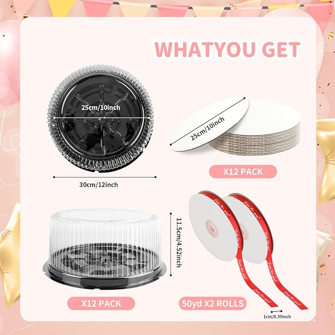 12Pcs 10 Inch Plastic Disposable Cake Containers with Lids and Cake Boards,Ribbon | Round Cake Container Carriers Clear Cake Box for Transport, Storing, Display Cakes
