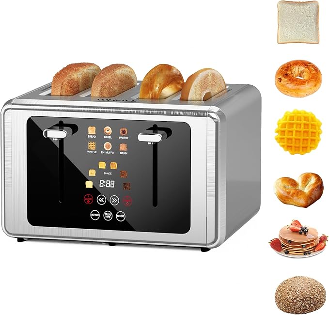Whall 4-Slice Smart Toaster with Touchscreen & Extra-Wide Slots, Dual Independent Control, 6 Browning Levels & 6 Bread Types, Memory Function,Countdown Timer, Ideal Kitchen Gift