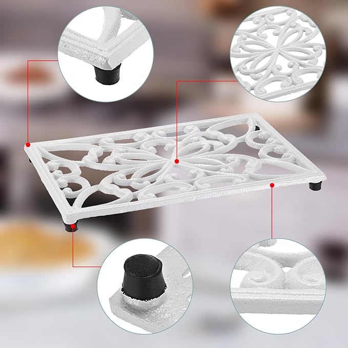Sumnacon Cast Iron Trivet 2 Pack Heat Resistant Iron Trivets for Hot Dishes Pots Pans Plates Teapots,Rustic Cast Iron Trivet for Cooktop Kitchen Dining Table Metal Trivets with Rubber Feets,White