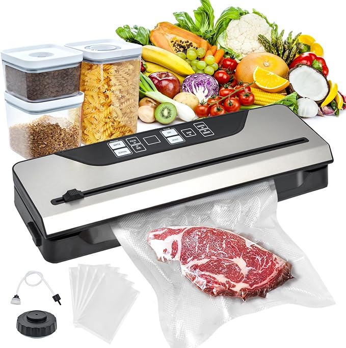 Vacuum Sealer for Food, Electric Food Vacuum Sealer Machine with Digital Display, 8 Preset Modes, Built-in Cutter, Includes 3 Food Storage Containers & Full Starter Kit