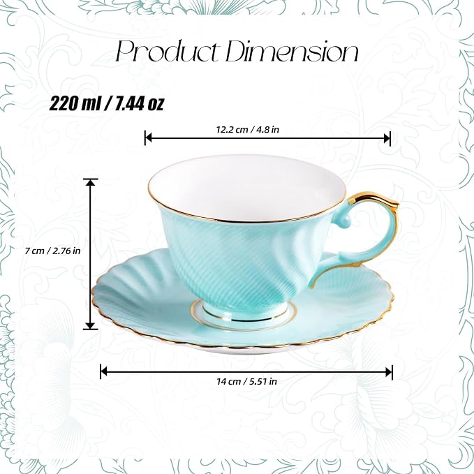 KAMMAK Tea Cups and Saucers Set of 2, Fine Bone China Coffee Cups, Stackable Espresso Mugs, Ceramic Demitasse for Coffee, Cappuccino, Latte, Americano, Tea, Sea Treasure (White + Blue)