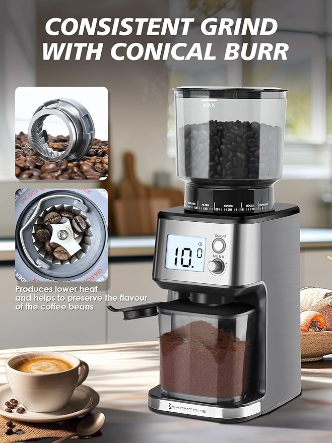 Homtone Conical Burr Espresso Coffee Grinder – 51mm Stepless Electric Bean Grinder with Grind Settings, Precision Timer, Stainless Steel Mill with Portafilter Holders, Anti-Static for Drip/Moka