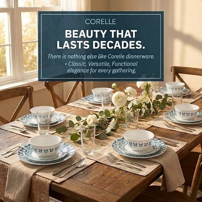 Corelle Vitrelle Glass Dinnerware Set, Chip & Crack Resistant Triple Layer Glass, 12-PC Dinnerware Set, Northern Pines