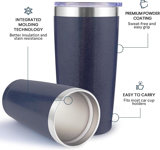 Volhoply 20oz Stainless Steel Tumbler with Lid and Straw Bulk 12 Pack,Double Wall Insulated Travel Iced Coffee Mug Fits Cup Holder,Powder Coated Cups for Hot/Cold Drinks,Christmas Gifts（Navy,12 Set）
