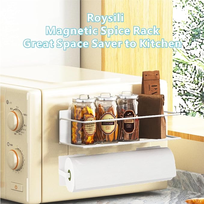 Magnetic Spice Rack For Refrigerator, Space Saving Magnetic Shelf For Fridge White 4 Pack With Magnetic Paper Towel Holder