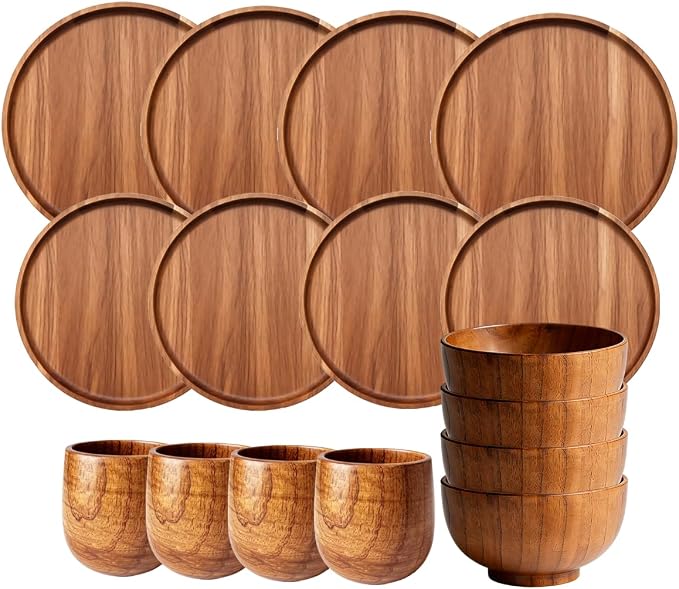 Wood Dinnerware Set,8 Inch 10 Inch Round Plates,Bowls and Cups,16 Pcs | 4 Person Wooden Dinner Ware Set,for Meals,Snacks and Desserts