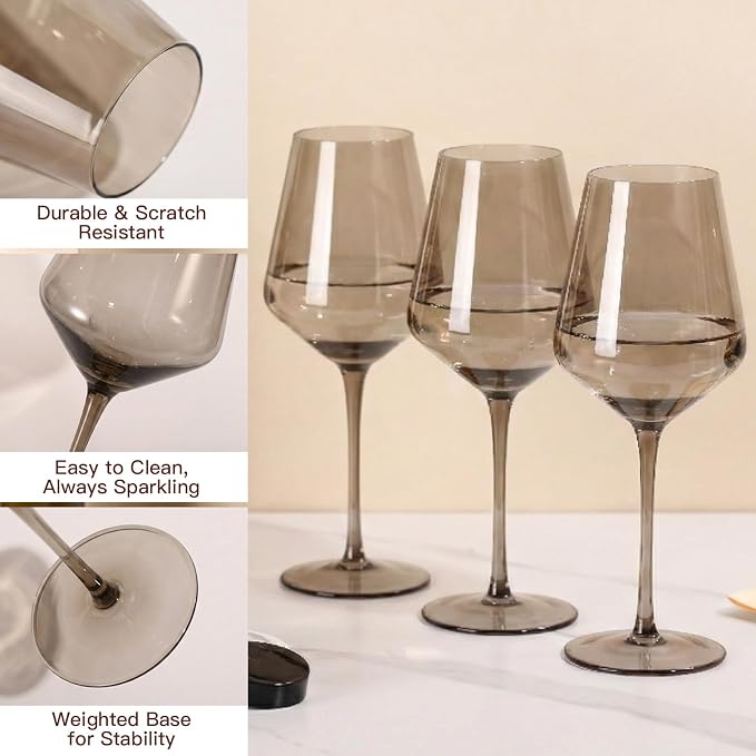 Gray Colored Wine Glasses Set of 6, Handblown Wine Glasse,Gray Coloful Glassware,17OZ for Red or White Wine,for Wedding Gift, Anniversary, Christmas, Birthday,Mothers Day Gifts,Gifts for My Wife