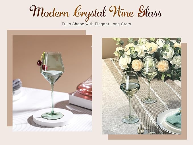 Sage Green Wine Glasses Set 6-16oz, Long Stem - Hand Blown Pale Sage Green Stemware for Wedding Deco