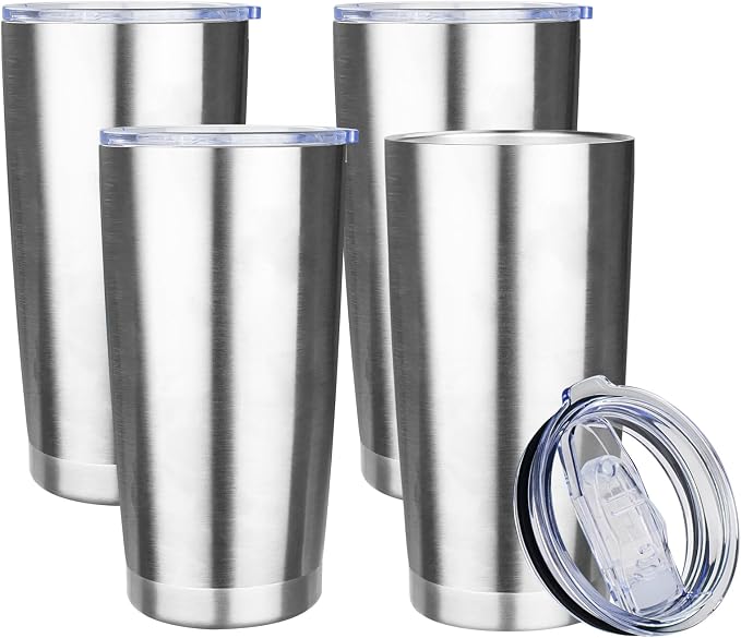20oz Tumbler with Lid Stainless Steel Insulated Tumblers Travel Coffee Tumbler Bulk Double Wall Vacuum Insulated Water Cup Gifts for Christmas Women Men Her Him Home Office(Silver, 4pack)