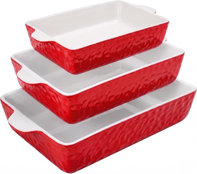 NutriChef 3-Piece Ceramic Casserole Dish for Oven - Premium Lasagna Baking Pans w/ Nonstick Coating & Built-In Handles - Dishwasher & Microwave Safe - 14" x 8", 10" x 6", 7" x 5" - Red