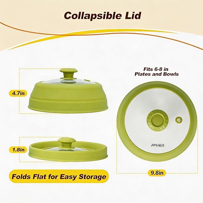 Microwave Splatter Cover - 9.8" Glass Lid with Collapsible Silicone Rim, Universal Pot & Plate Cover for Mess-Free Heating (Green, 9.8inch)