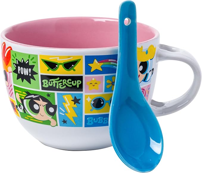 Silver Buffalo The Powerpuff Girls Comic Panels Featuring Bubbles, Blossom, and Buttercup Ceramic Soup Mug Spoon Set, 24 Ounces