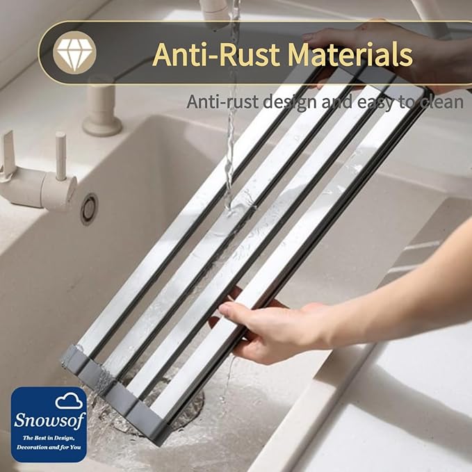 Wide Dish Drying Rack, Silicone Wrapped Over Sink, Multipurpose Foldable Sink Dish Drainer Mat, Stainless Steel, Anti-Slip & Anti-Rust Dish Rack for Kitchen (Dark Gray,21.6X13.4inch & 55X34cm)