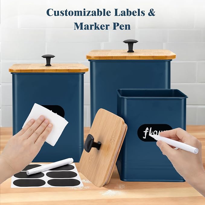 Kitchen Canisters Set of 3, Metal Flour Sugar Storage Containers with Airtight Lids-Canisters Sets for Kitchen with Customizable Chalkboard Labels & Marker Pen-Spice, Coffee Storage Jars(Dark Blue)