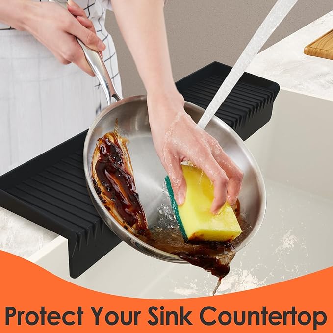 Silicone Sink Edge Protector ＆Splash Guards, 5° Upgrade Multifunction Sink Accessorie, Splash Guard For Bathtub Sink, Countertop Protectors For Kitchen Sink Stainless Steel, Granite, Quartz, Black