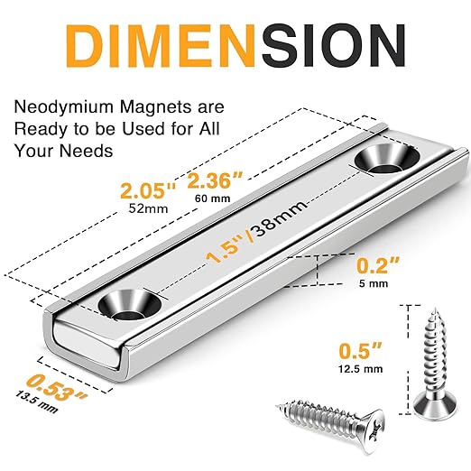 TRYMAG Neodymium Rectangular Magnets 80Lbs, 60 x 13.5 x 5mm Strong Bar Magnets with Countersunk Hole and Steel Capsule, Heavy Duty Industrial Rare Earth Magnets with Screw for Wall Mounting, Pack of 6