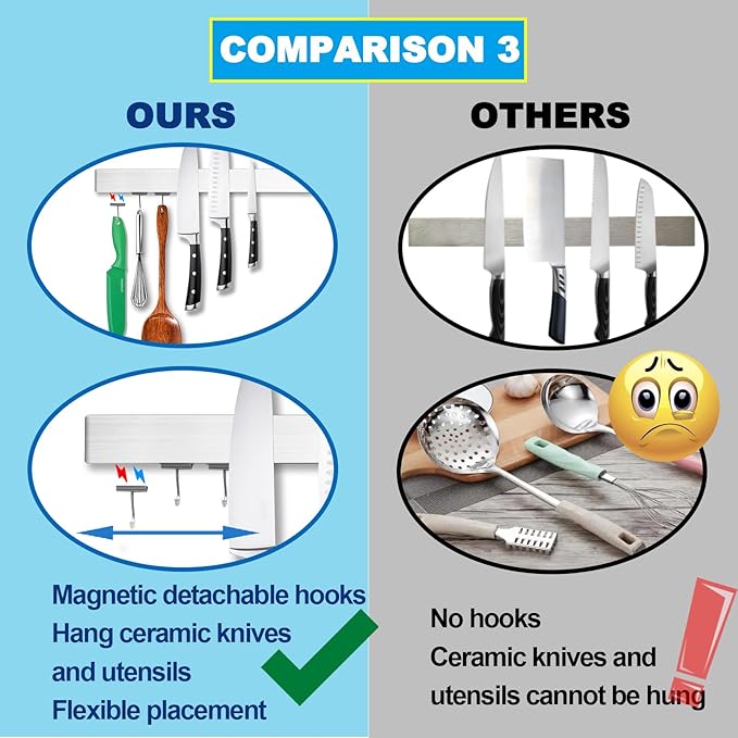 YIIYIIN 12 Inch Magnetic Knife Holder for Wall Mount with Magnetic Hooks - No-Drill Adhesive - Knife Magnetic Strip - 304 Stainless Steel Magnetic Kitchen Utensil Hanger/Holder/Rack/Bar