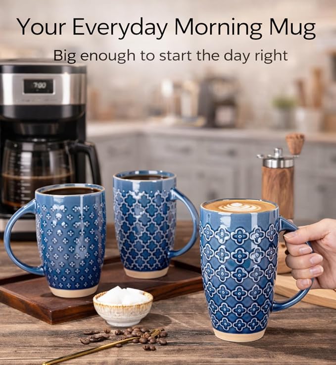GBhome 20oz Large Coffee Mugs Set of 6, Handmade Tall Ceramic Coffee Mugs with Texture Patterns for Cappuccino, Latte,Hot Cocoa, Dishwasher & Microwave Safe-Moonlight Blue