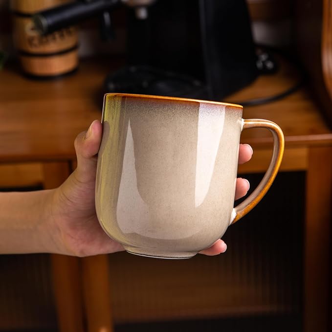 LERATIO 12OZ Ceramic Coffee Mugs Set of 6, Large Porcelain Coffee Cups With Large Handle For Latte,Cappuccino,Milk,Cocoa,|Dishwasher&Microwave Safe Mug Sets,Ideal for Man,Woman,Dad, Mom-Kahki