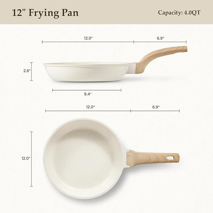 CAROTE Non Stick Frying Pan Skillet, Omelet Pan, Healthy Non Toxic Granite Chef Pan, Induction Compatible Egg Frying Pan with Heat-Resistant Handle, PFOA-Free, Cream White, 12"