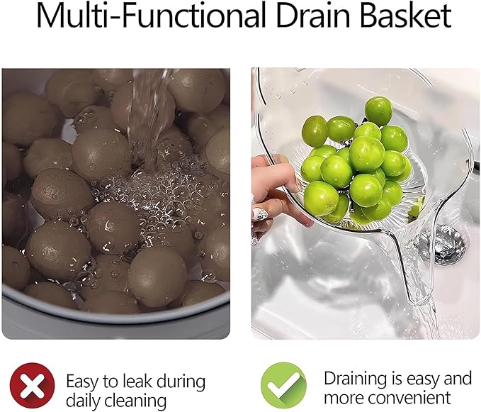Multi-functional Drain Basket - 2024 New Fruit Cleaning Bowl with Strainer Container, Kitchen Sink Food Catcher Drainer Fruit Rinser Vegetable Washing Filter Bowl over the Sink Colander (1PC, Grey)