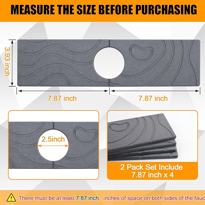 2-Pack Faucet Mat for Kitchen Sink, Diatomite Quick Drying Stone Mat, Splash Guard & Drip Catcher for Faucet Bathroom Counter - Dark Grey (15.7"x4")